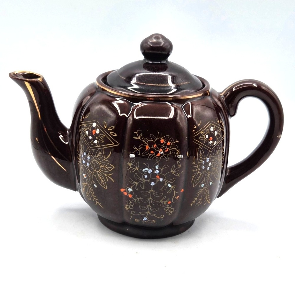 Vintage Brown Betty Moriage Redware Floral Pottery Teapot Japan Hand Painted 40s